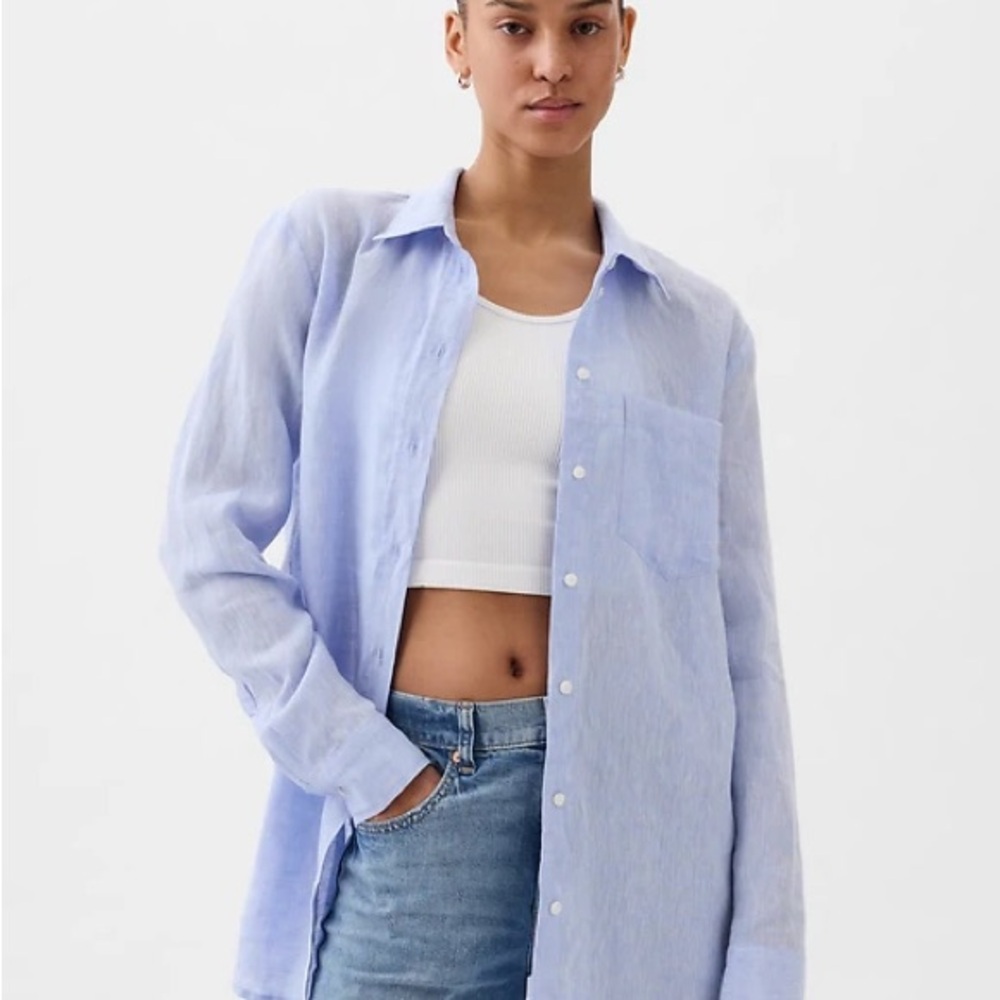 100% Linen Boyfriend Shirt - Light Blue